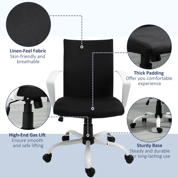 Fauteuil de bureau en lin, dossier mi-haut, inclinable et pivotant, noir