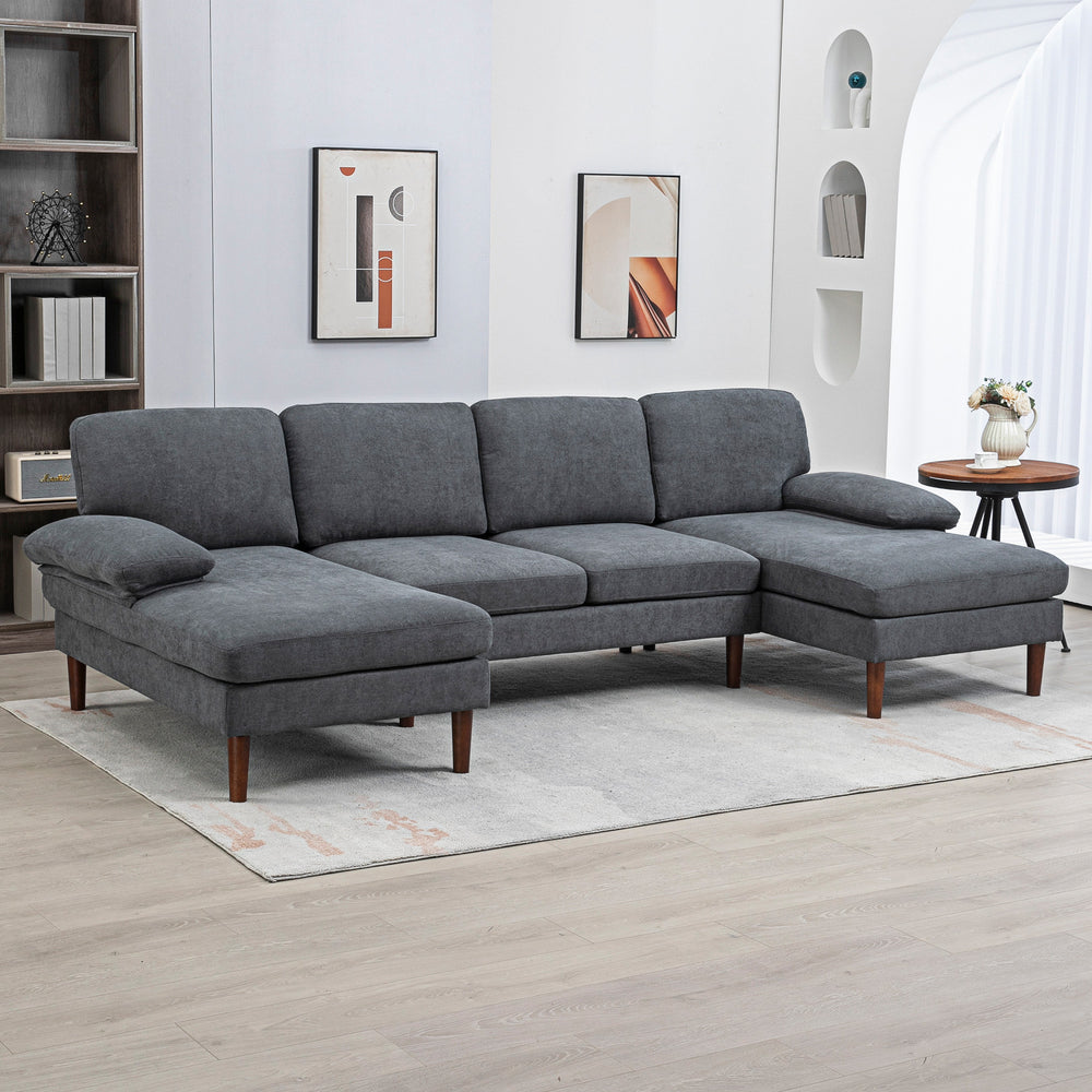 Modern 4 seater sofa with wooden legs, fabric sofa for living room, dark gray