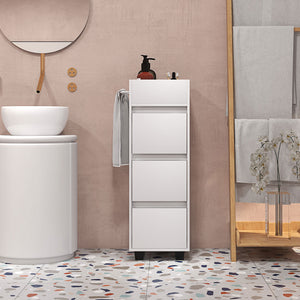 Slim Bathroom Cabinet, Bathroom Storage Cabinet with 4 Top Compartments, 3 Drawers & Towel Rack for Narrow Spaces, White