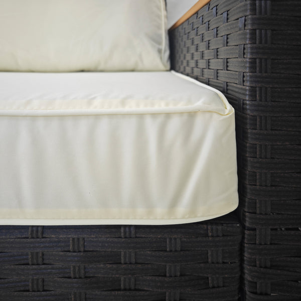 Canapé d'extérieur 3 places avec coussins, canapé de patio en rotin synthétique avec accoudoirs en similibois, blanc crème
