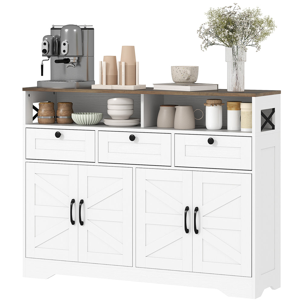 Meuble buffet avec 4 portes, 3 tiroirs avec étagères réglables, blanc