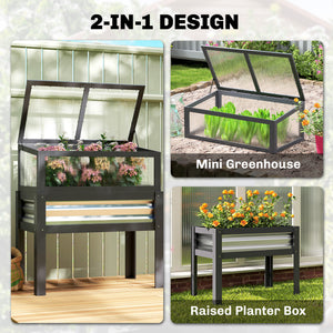 Jardinière surélevée avec dessus de serre relevable, bac à plantes surélevé en bois avec pieds et doublure, gris