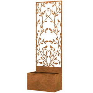 Raised planter with outdoor privacy screen, in metal with trellis, wall-mounted or freestanding, brown