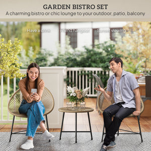 Outdoor Bistro Set, 3 Piece Wicker Patio Furniture Set with Acapulco Chairs and Glass-Top Table, Natural Wood