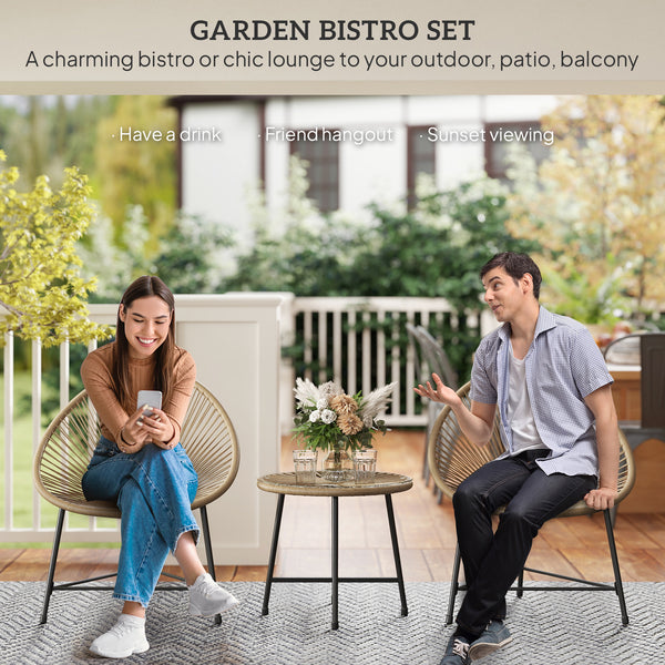Outdoor Bistro Set, 3 Piece Wicker Patio Furniture Set with Acapulco Chairs and Glass-Top Table, Natural Wood