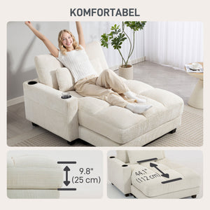 58" Indoor Chaise Lounge, Oversized Corduroy Sofa Bed with 2 Cup Holders, Pillow, Deep Seat Sleeper Couch, Cream White
