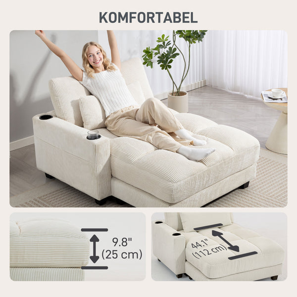 58" Indoor Chaise Lounge, Oversized Corduroy Sofa Bed with 2 Cup Holders, Pillow, Deep Seat Sleeper Couch, Cream White
