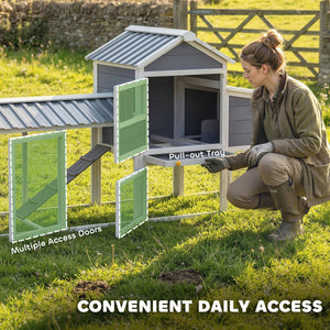 Mobile chicken coop on wheels with wooden run, nesting box, tray and access ramp