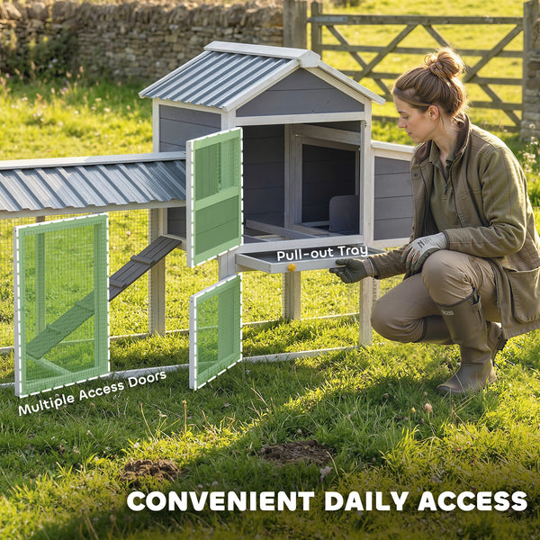 Mobile chicken coop on wheels with wooden run, nesting box, tray and access ramp