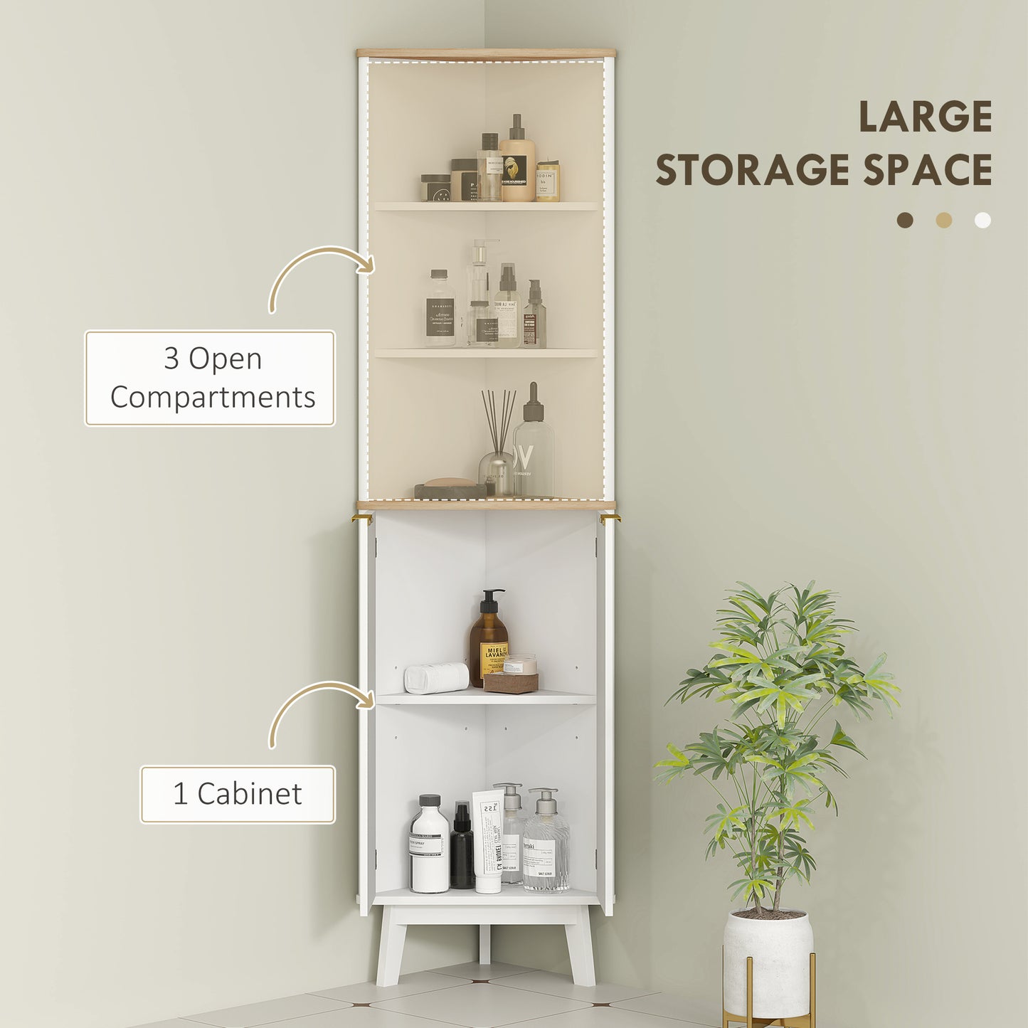 Meuble de salle de bain 170 cm de haut, meuble de rangement étroit avec profil incurvé et étagères réglables, blanc