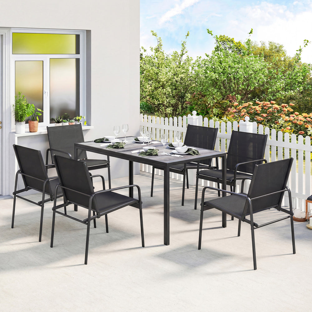 Ensemble repas d'extérieur pour 6 personnes, table et chaises de patio en faux bois avec assise en maille respirante, structure en acier galvanisé, noir
