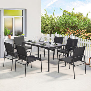Ensemble repas d'extérieur pour 6 personnes, table et chaises de patio en faux bois avec assise en maille respirante, structure en acier galvanisé, noir
