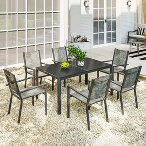 7 Piece Outdoor Dining Set with 6 Stackable Chairs, Rectangle Table, WPC Slatted Top, Rust-Resistant Steel Frame