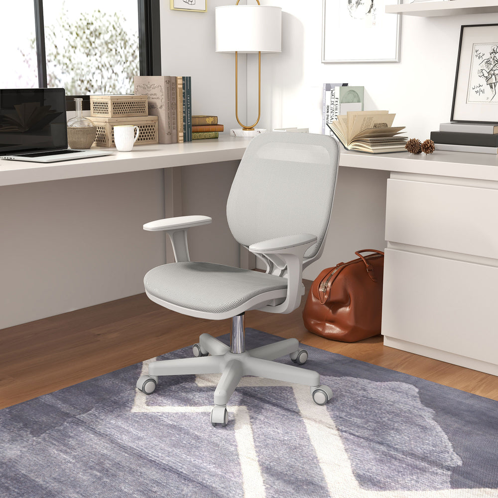Chaise de bureau Vinsetto grise avec dossier en maille respirante, accoudoirs fixes et roulettes pivotantes de sécurité, parfaite pour un usage quotidien à domicile ou au bureau