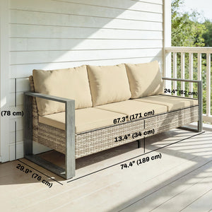 3Canapé d'extérieur 3 places en résine tressée PE avec assise profonde, accoudoirs en aluminium imitation bois, coussins, kaki