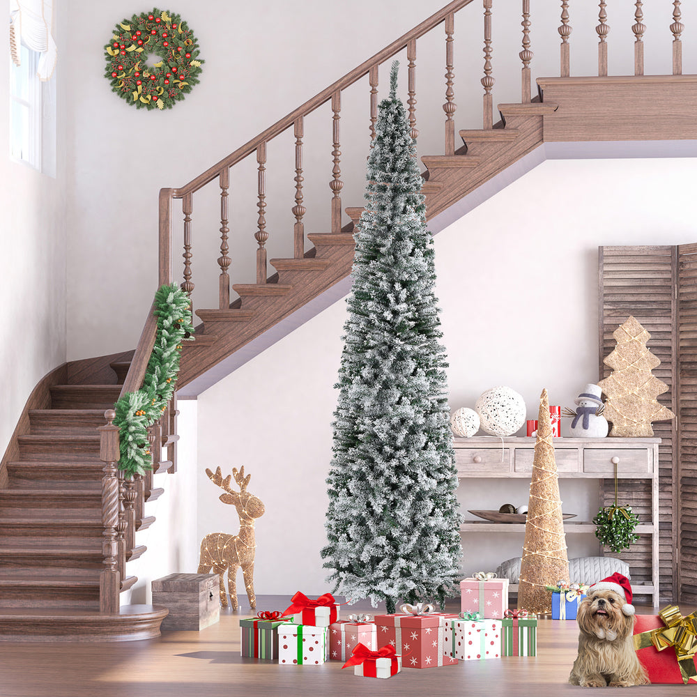 Sapin de Noël givré vert de 9 pieds en forme de crayon