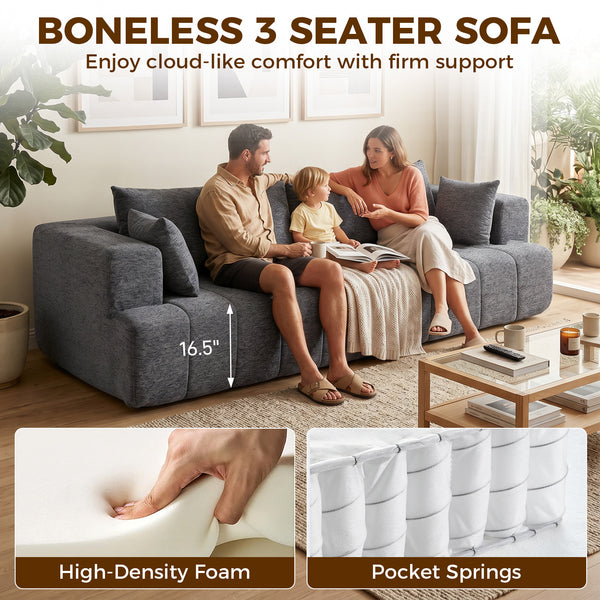 Canapé 3 places gris en chenille avec assise épaisse et ressorts ensachés, gris