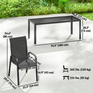 Ensemble de patio 9 pièces, chaises empilables avec plateau en verre pour jardin, terrasse, cour, noir