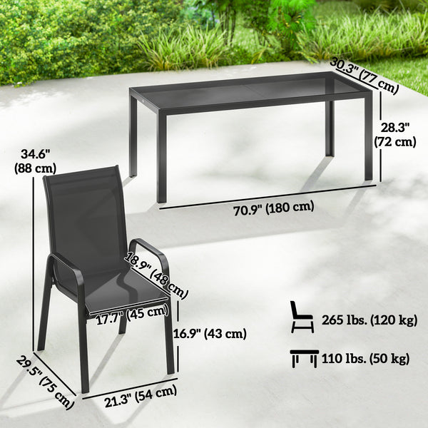 Ensemble de patio 9 pièces, chaises empilables avec plateau en verre pour jardin, terrasse, cour, noir