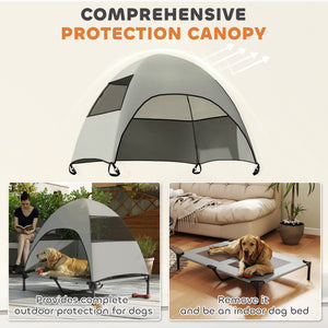 Elevated bed with canopy, steel frame and washable mesh, light gray
