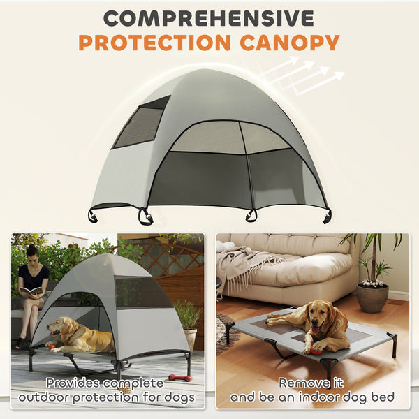 Elevated bed with canopy, steel frame and washable mesh, light gray