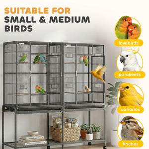 56"H Bird Cage, Parrot Cage with Detachable Rolling Stand, Removable Tray, Storage Shelf, Perches, Food Container
