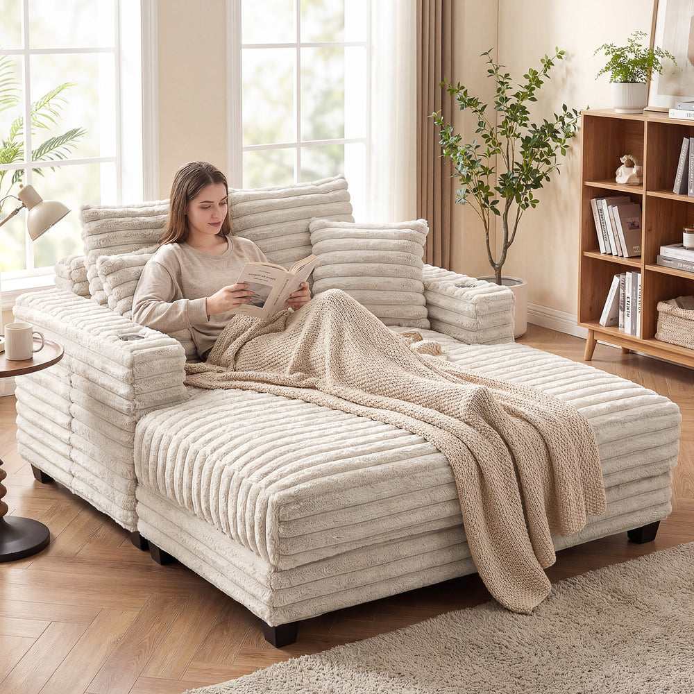 Canapé de lecture grand format en velours côtelé avec porte-gobelets et coussins, canapé-lit pour salon, beige