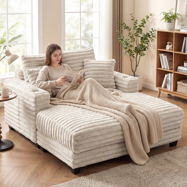 Canapé de lecture grand format en velours côtelé avec porte-gobelets et coussins, canapé-lit pour salon, beige