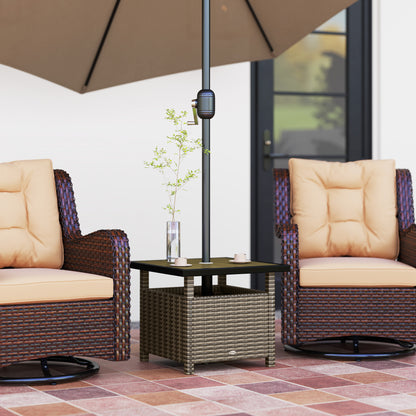 Outsunny 55cm Square Rattan Table with Umbrella Hole, Outdoor Patio Side Table, Can Be Used as an Umbrella Stand, Grey Mix