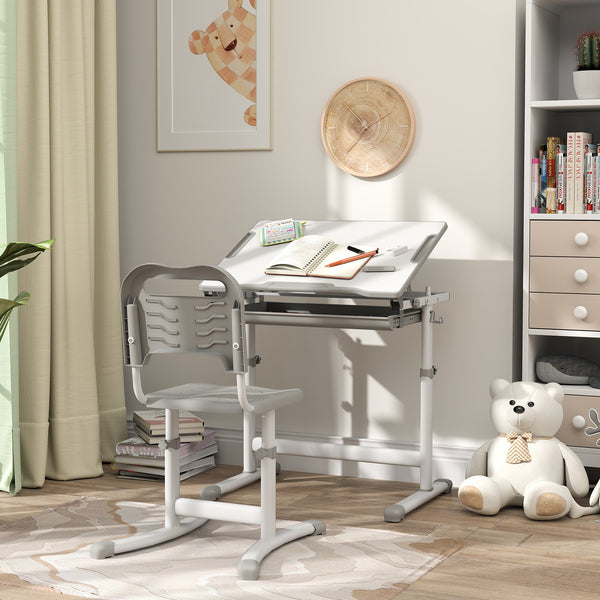 Ensemble table et chaise d'étude à hauteur réglable avec tiroir, gris