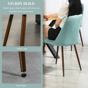 Set of 4 velvet upholstered chairs with steel backrest and legs, light green