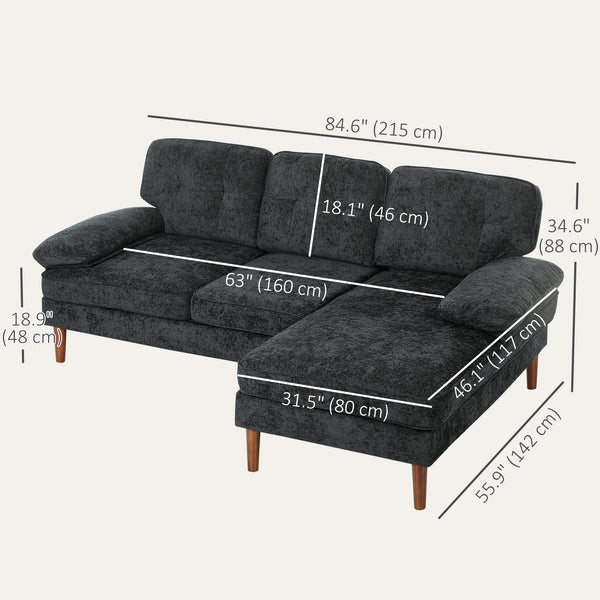 Canapé d'angle moderne avec méridienne droite, 3 places capitonné avec pieds en bois, noir