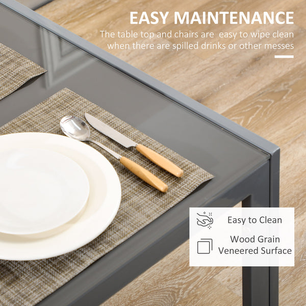 Ensemble tables et chaises de cuisine rectangulaires en verre avec structure en métal et revêtement en similicuir pour salle à manger, gris
