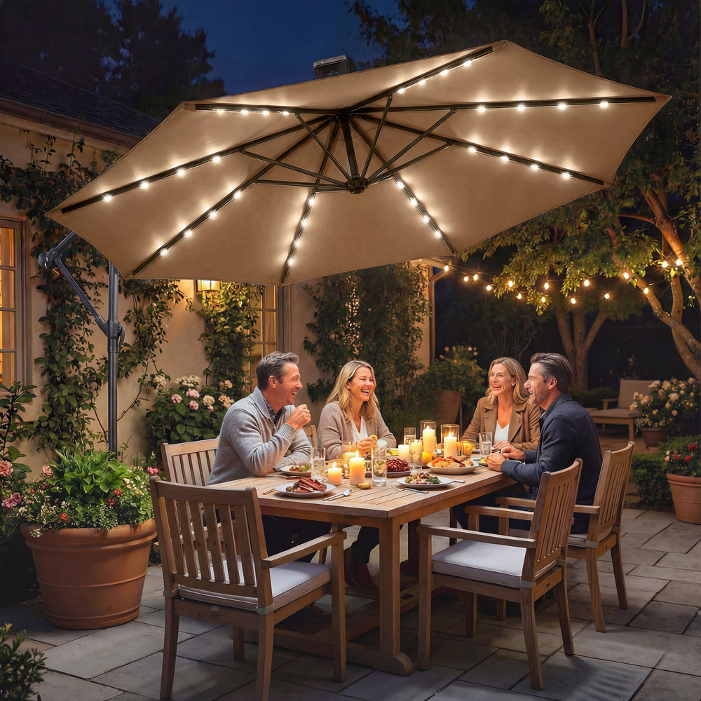 Parasol de terrasse déporté de 2,95 m avec éclairage solaire, housse de protection, inclinable, manivelle, kaki