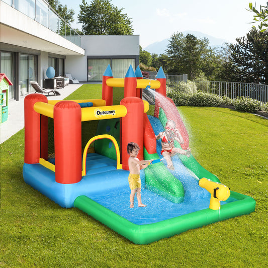 Outsunny Kids Gonflable 6 en 1 Château Gonflable Maison Trampoline Toboggan Piscine à Eau Pistolet Mur d'Escalade Panier avec Gonfleur pour Enfants de 3 à 12 Ans Été 11,5' x 8,8' x 7' Multicolore