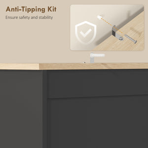 Meuble de cuisine avec 3 placards, 2 tiroirs, étagères réglables et support pour micro-ondes, noir.