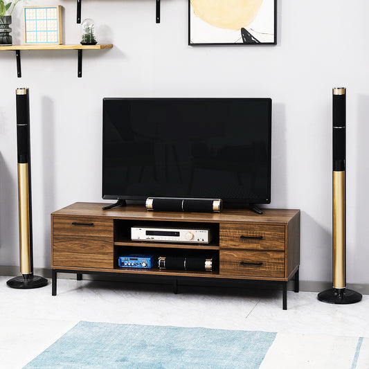 HOMCOM TV Stand for TV up to 50 inches, TV Cabinet with Door, Open Storage and Drawers, TV Table with Steel Legs, Dark Walnut