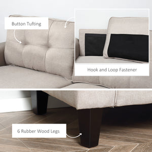 3-seater linen sofa with upholstered seat and wooden legs, beige