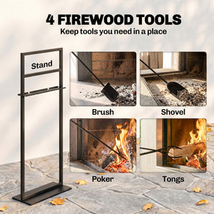 5-piece fireplace tool set with stand, shovel, brush, poker, and tongs – Black