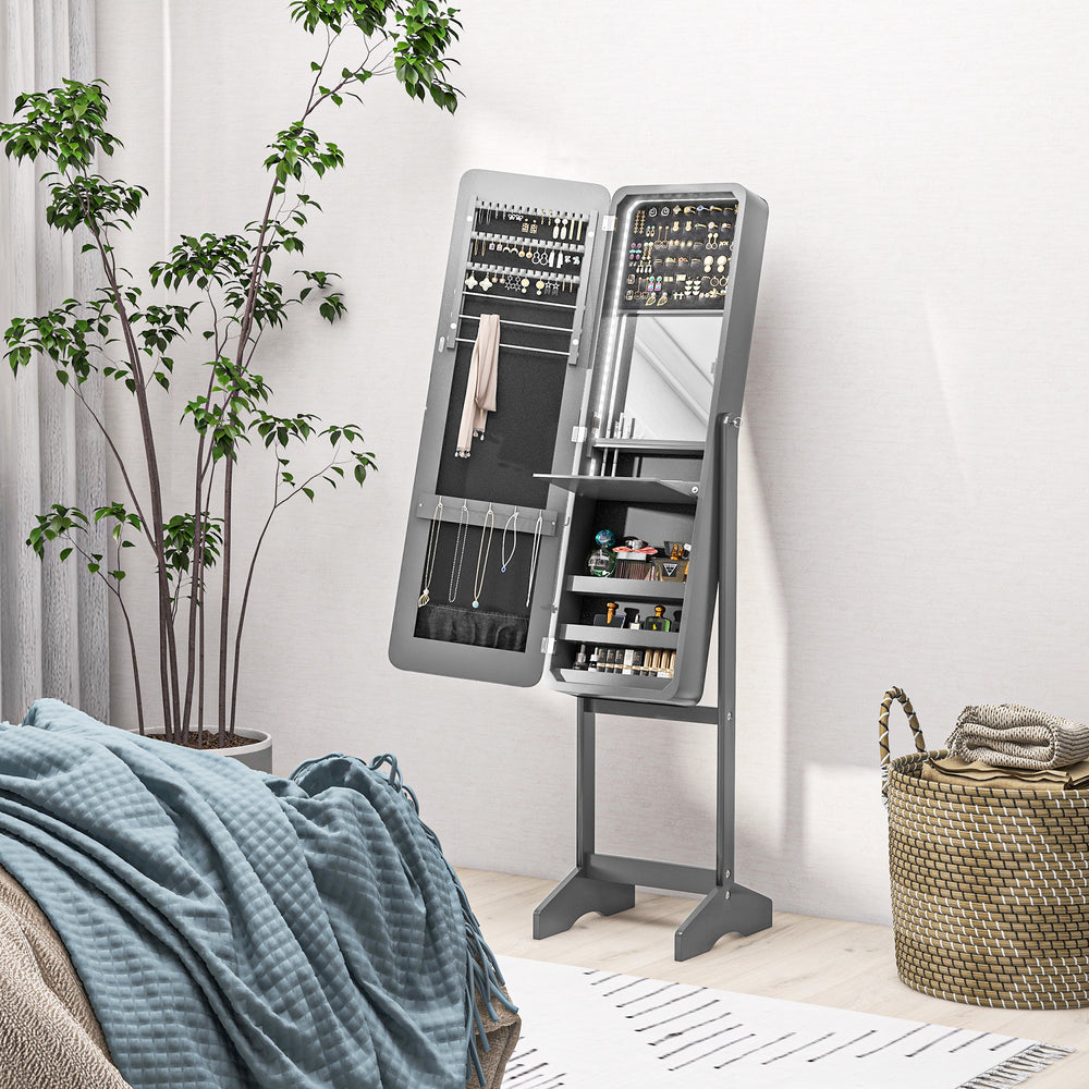 Armoire à bijoux sur pied avec miroir et LED à angle réglable, gris