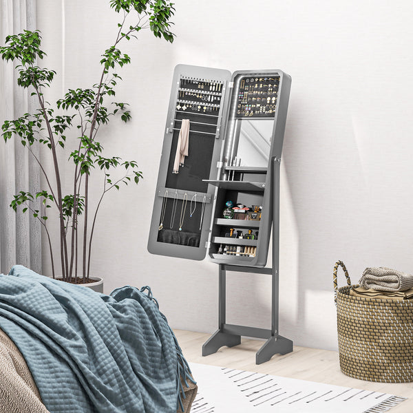 Armoire à bijoux sur pied avec miroir et LED à angle réglable, gris
