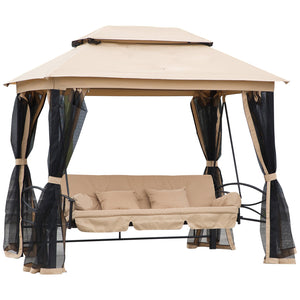 3 Person Outdoor Patio Daybed 3 in 1 Canopy Gazebo Swing Chair Garden Hammock with Mesh Mosquito Net and Sun Shade, Beige