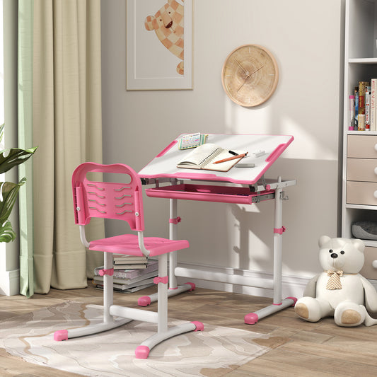Ensemble table et chaise d'étude à hauteur réglable avec tiroir, rose