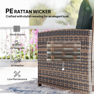 5 Piece Patio Furniture Set, Wicker Patio Chairs with Ottomans, 2-Tier Glass Coffee Table and Cushions, Brown/Dark Grey