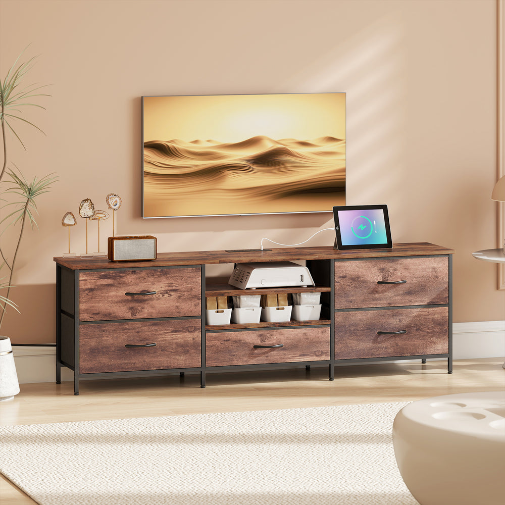 Meuble pour téléviseurs jusqu'à 70 pouces, style industriel, avec station de charge, 5 tiroirs et étagères ouvertes, marron rustique