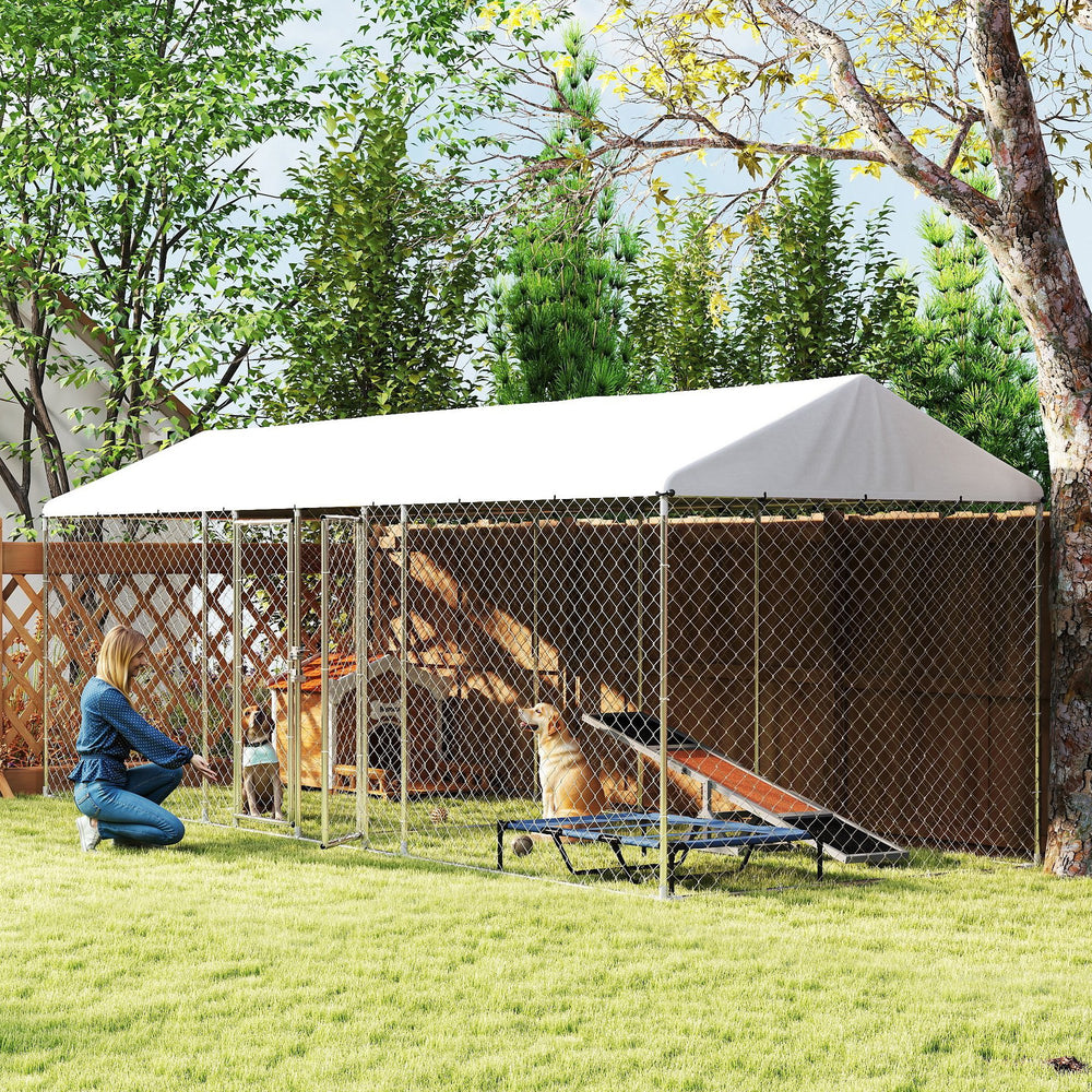 Outdoor Dog Kennel with Two Rooms, Waterproof UV-Resistant Cover, Escape-Proof Lock, 19.7' x 7.5' x 7.5'