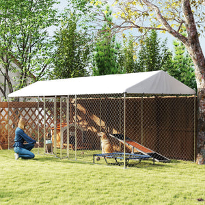 Outdoor Dog Kennel with Two Rooms, Waterproof UV-Resistant Cover, Escape-Proof Lock, 19.7' x 7.5' x 7.5'
