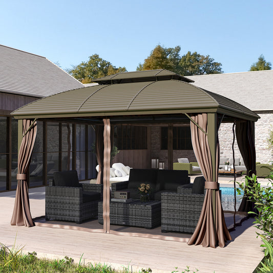 Outsunny 10' x 12' Hardtop Gazebo with Double Roof, Netting and Curtains for Garden, Backyard, Patio, Cafe