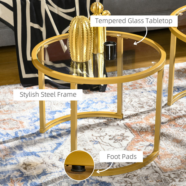 Lot de 2 tables basses rondes modernes avec plateau en verre trempé dorées