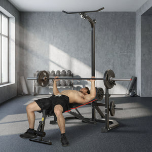 Soozier Cable Machine, Multi-Function Bench Press Rack with Weight Plate Holders, Lat-Pull Down System, Black